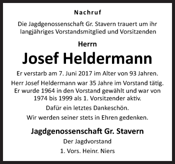 Traueranzeige von Josef Heldermann von Neue Osnabrücker Zeitung GmbH & Co. KG