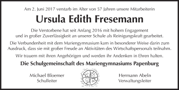 Traueranzeige von Ursula Edith Fresemann von Neue Osnabrücker Zeitung GmbH & Co. KG