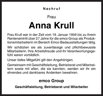 Traueranzeige von Anna Krull von Neue Osnabrücker Zeitung GmbH & Co. KG