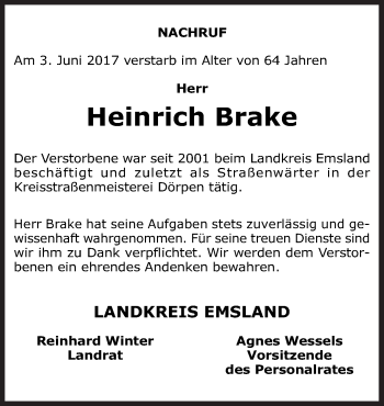 Traueranzeige von Heinrich Brake von Neue Osnabrücker Zeitung GmbH & Co. KG