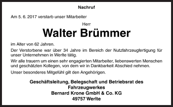 Traueranzeige von Walter Brümmer von Neue Osnabrücker Zeitung GmbH & Co. KG