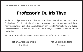 Traueranzeige von Iris Thye von Neue Osnabrücker Zeitung GmbH & Co. KG