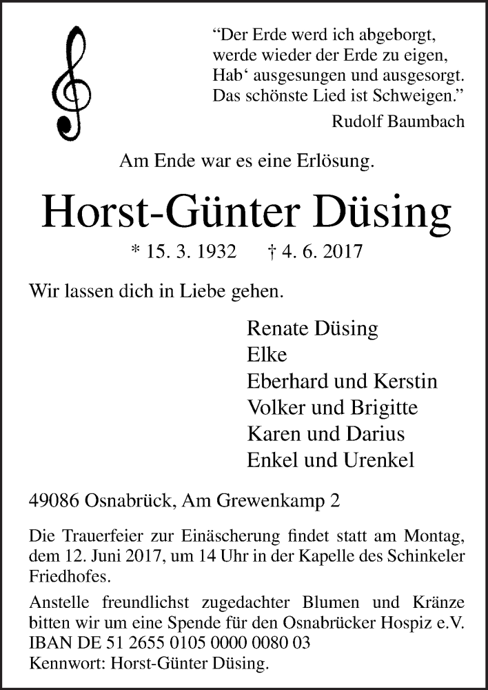  Traueranzeige für Horst-Günter Düsing vom 07.06.2017 aus Neue Osnabrücker Zeitung GmbH & Co. KG
