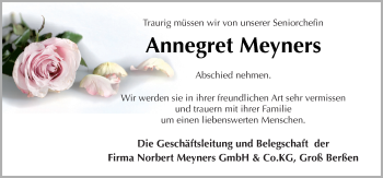 Traueranzeige von Annegret Meyners von Neue Osnabrücker Zeitung GmbH & Co. KG