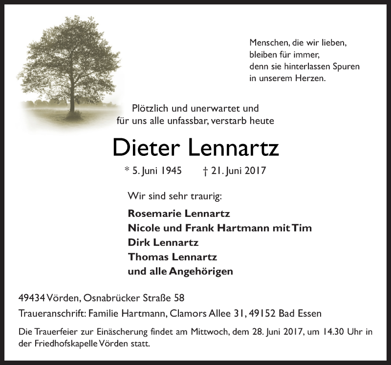  Traueranzeige für Dieter Lennartz vom 24.06.2017 aus Neue Osnabrücker Zeitung GmbH & Co. KG