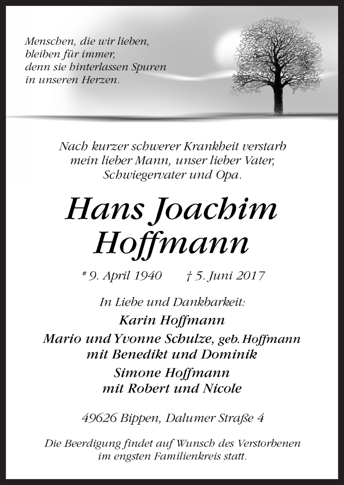 Traueranzeige für Hans Joachim Hoffmann vom 10.06.2017 aus Neue Osnabrücker Zeitung GmbH & Co. KG