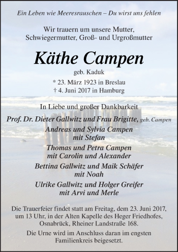 Traueranzeige von Käthe Campen von Neue Osnabrücker Zeitung GmbH & Co. KG