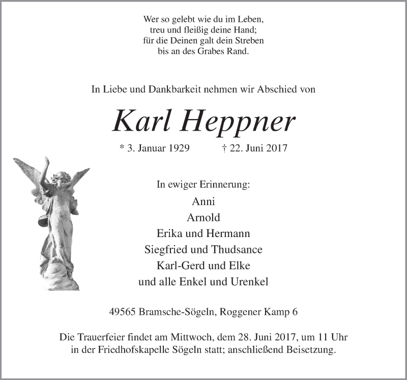  Traueranzeige für Karl Heppner vom 26.06.2017 aus Neue Osnabrücker Zeitung GmbH & Co. KG