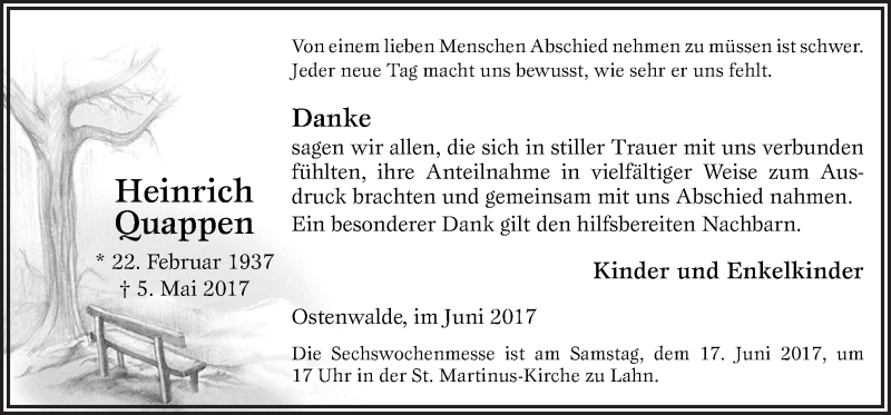  Traueranzeige für Heinrich Quappen vom 14.06.2017 aus Neue Osnabrücker Zeitung GmbH & Co. KG