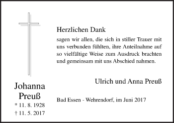 Traueranzeige von Johanna Preuß von Neue Osnabrücker Zeitung GmbH & Co. KG