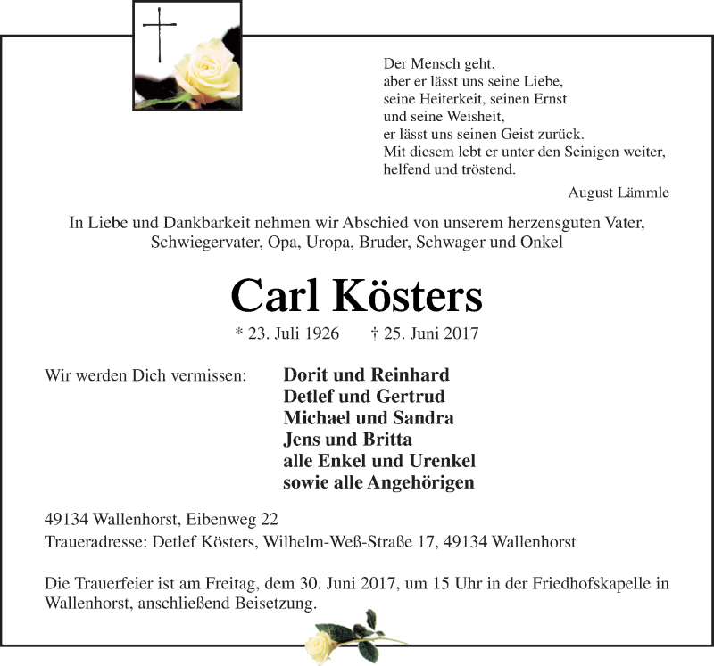  Traueranzeige für Carl Kösters vom 27.06.2017 aus Neue Osnabrücker Zeitung GmbH & Co. KG