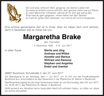 Traueranzeige von Margaretha Brake von Neue Osnabrücker Zeitung GmbH & Co. KG