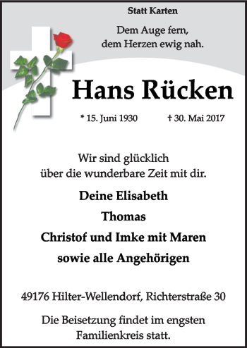 Traueranzeige von Hans Rücken von Neue Osnabrücker Zeitung GmbH & Co. KG