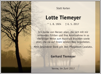 Traueranzeige von Lotte Tiemeyer von Neue Osnabrücker Zeitung GmbH & Co. KG