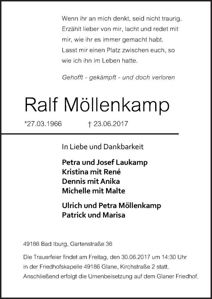  Traueranzeige für Ralf Möllenkamp vom 26.06.2017 aus Neue Osnabrücker Zeitung GmbH & Co. KG
