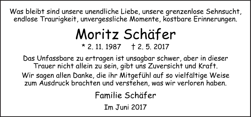  Traueranzeige für Moritz Schäfer vom 17.06.2017 aus Neue Osnabrücker Zeitung GmbH & Co. KG