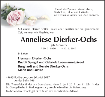 Traueranzeige von Anneliese Dierker-Ochs von Neue Osnabrücker Zeitung GmbH & Co. KG