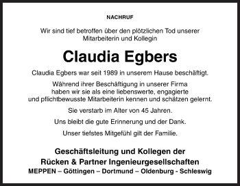 Traueranzeige von Claudia Egbers von Neue Osnabrücker Zeitung GmbH & Co. KG