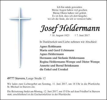 Traueranzeige von Josef Heldermann von Neue Osnabrücker Zeitung GmbH & Co. KG