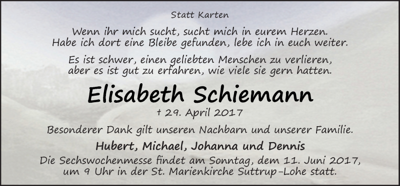  Traueranzeige für Elisabeth Schiemann vom 07.06.2017 aus Neue Osnabrücker Zeitung GmbH & Co. KG