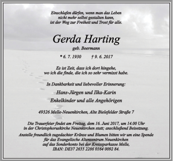 Traueranzeige von Gerda Harting von Neue Osnabrücker Zeitung GmbH & Co. KG