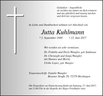 Traueranzeige von Jutta Kuhlmann von Neue Osnabrücker Zeitung GmbH & Co. KG