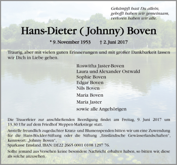 Traueranzeige von Hans-Dieter Johnny Boven von Neue Osnabrücker Zeitung GmbH & Co. KG