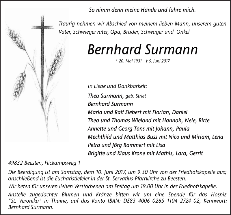  Traueranzeige für Bernhard Surmann vom 07.06.2017 aus Neue Osnabrücker Zeitung GmbH & Co. KG