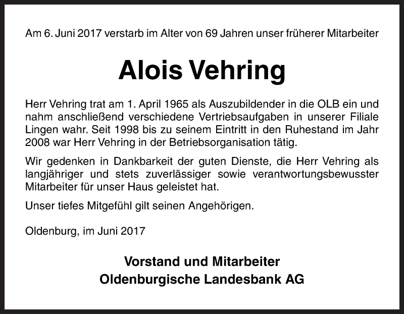  Traueranzeige für Alois Vehring vom 10.06.2017 aus Neue Osnabrücker Zeitung GmbH & Co. KG