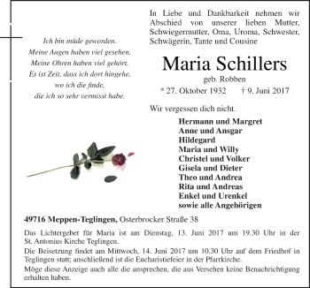 Traueranzeige von Maria Schillers von Neue Osnabrücker Zeitung GmbH & Co. KG