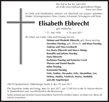 Traueranzeige von Elisabeth Ebbrecht von Neue Osnabrücker Zeitung GmbH & Co. KG