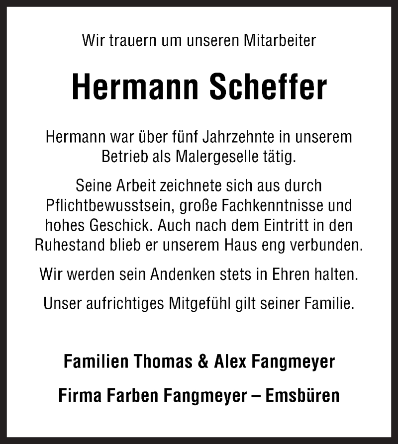  Traueranzeige für Hermann Scheffer vom 17.06.2017 aus Neue Osnabrücker Zeitung GmbH & Co. KG