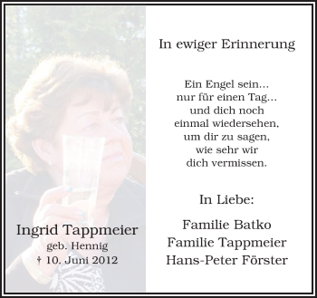 Traueranzeige von Ingrid Tappmeier von Neue Osnabrücker Zeitung GmbH & Co. KG