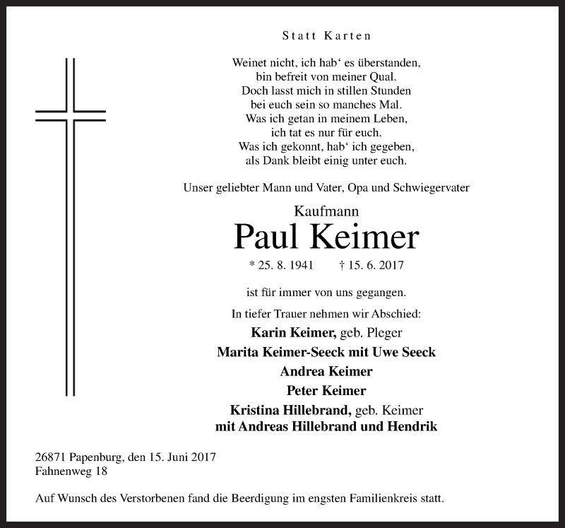  Traueranzeige für Paul Keimer vom 21.06.2017 aus Neue Osnabrücker Zeitung GmbH & Co. KG