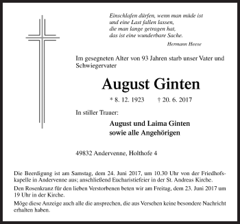 Traueranzeige von August Ginten von Neue Osnabrücker Zeitung GmbH & Co. KG