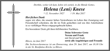 Traueranzeige von Helena  Knese von Neue Osnabrücker Zeitung GmbH & Co. KG