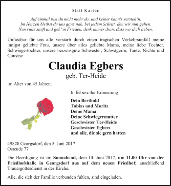 Traueranzeige von Claudia Egbers von Neue Osnabrücker Zeitung GmbH & Co. KG