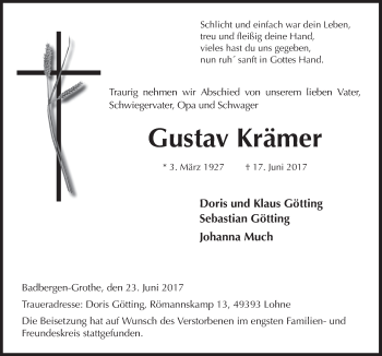 Traueranzeige von Gustav Krämer von Neue Osnabrücker Zeitung GmbH & Co. KG
