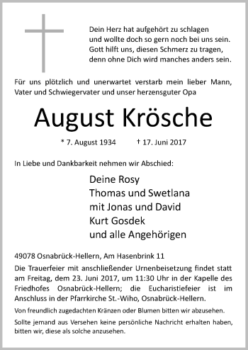 Traueranzeige von August Krösche von Neue Osnabrücker Zeitung GmbH & Co. KG