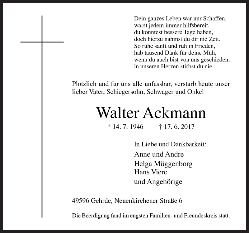  Traueranzeige für Walter Ackmann vom 23.06.2017 aus Neue Osnabrücker Zeitung GmbH & Co. KG