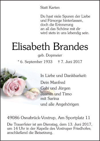 Traueranzeige von Elisabeth Brandes von Neue Osnabrücker Zeitung GmbH & Co. KG