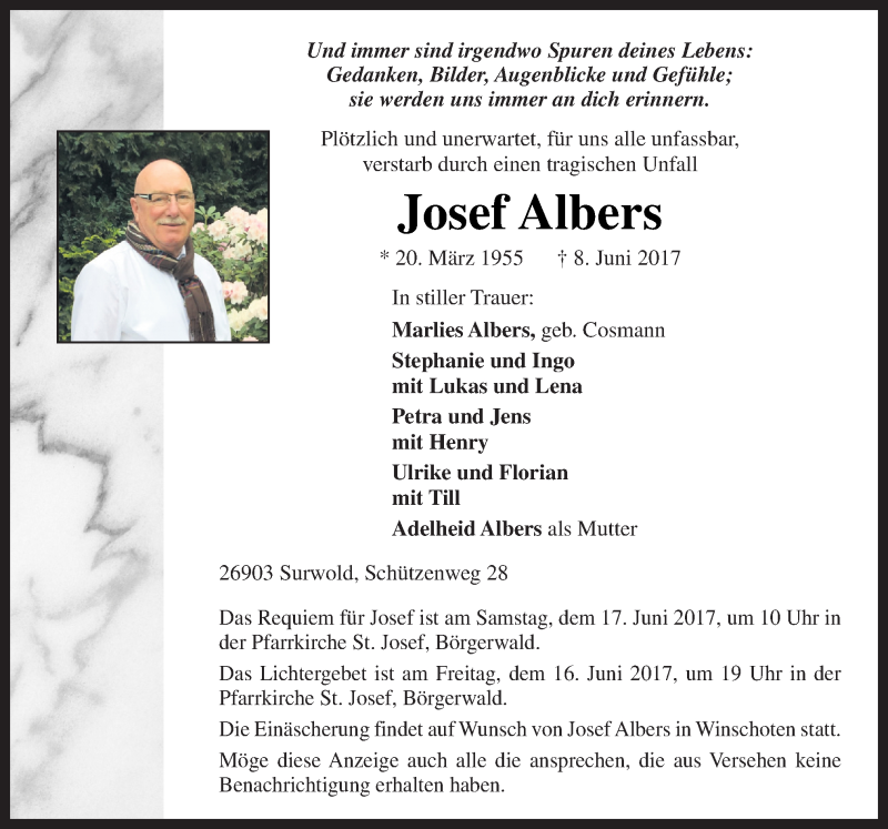  Traueranzeige für Josef Albers vom 14.06.2017 aus Neue Osnabrücker Zeitung GmbH & Co. KG