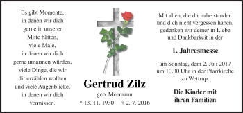 Traueranzeige von Gertrud Zilz von Neue Osnabrücker Zeitung GmbH & Co. KG