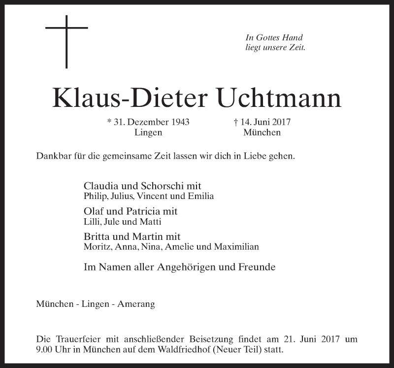  Traueranzeige für Klaus-Dieter Uchtmann vom 20.06.2017 aus Neue Osnabrücker Zeitung GmbH & Co. KG