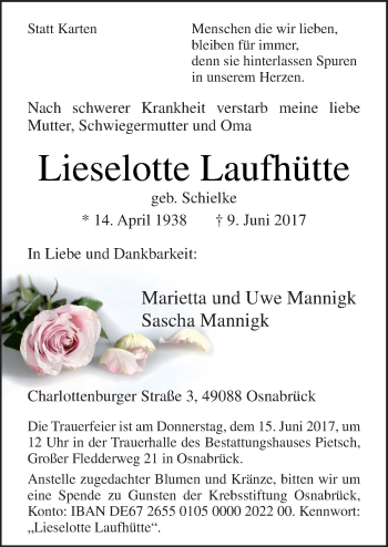 Traueranzeige von Lieselotte Laufhütte von Neue Osnabrücker Zeitung GmbH & Co. KG
