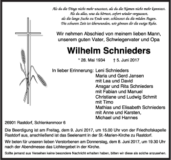 Traueranzeige von Wilhelm Schnieders von Neue Osnabrücker Zeitung GmbH & Co. KG