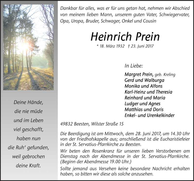  Traueranzeige für Heinrich Prein vom 26.06.2017 aus Neue Osnabrücker Zeitung GmbH & Co. KG