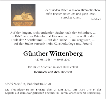Traueranzeige von Günther Wittenberg von Neue Osnabrücker Zeitung GmbH & Co. KG