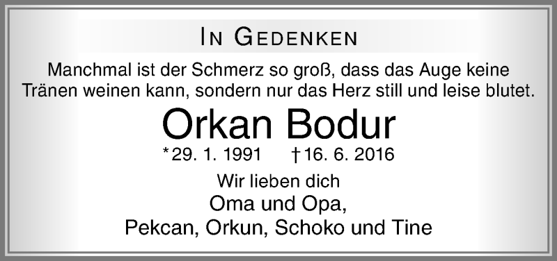  Traueranzeige für Orkan Bodur vom 16.06.2017 aus Neue Osnabrücker Zeitung GmbH & Co. KG