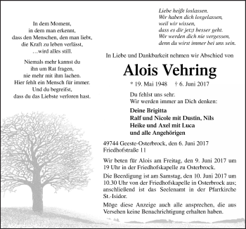 Traueranzeige von Alois Vehring von Neue Osnabrücker Zeitung GmbH & Co. KG